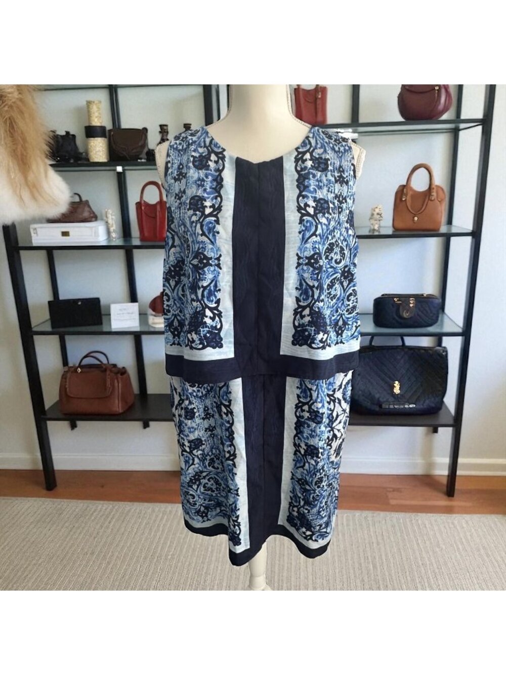MICHAEL KORS Blue Striped Brocade Print Tiered Dress Size 14